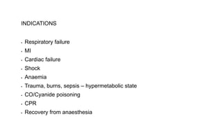 INDICATIONS
▪ Respiratory failure
▪ MI
▪ Cardiac failure
▪ Shock
▪ Anaemia
▪ Trauma, burns, sepsis – hypermetabolic state
▪ CO/Cyanide poisoning
▪ CPR
▪ Recovery from anaesthesia
 