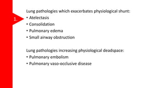 1.
Lung pathologies which exacerbates physiological shunt:
• Atelectasis
• Consolidation
• Pulmonary edema
• Small airway obstruction
Lung pathologies increasing physiological deadspace:
• Pulmonary embolism
• Pulmonary vaso-occlusive disease
 