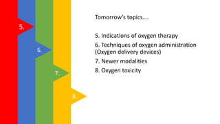 Tomorrow’s topics….
5. Indications of oxygen therapy
6. Techniques of oxygen administration
(Oxygen delivery devices)
7. Newer modalities
8. Oxygen toxicity
8.
7.
6.
5.
 
