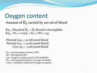 Oxygen content
Amount of O2 carried by 100 ml of blood
Co2 =Dissolved O2 + O2 Bound to hemoglobin
Co2 = Po2 × 0.0031 + So2 × Hb × 1.34
(Normal Cao2 = 20 ml/100ml blood
Normal Cvo2 = 15 ml/100ml blood)
C(a-v)o2 = 5 ml/100ml blood
Co2 = arterial oxygen content (vol%)
Hb = hemoglobin (g%)
1.34 = oxygen-carrying capacity of hemoglobin
Po2 = arterial partial pressure of oxygen (mmHg)
0.0031 = solubility coefficient of oxygen in plasma
 