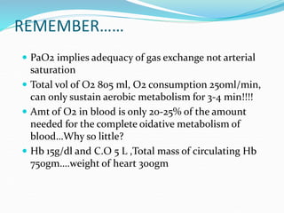 REMEMBER……
 PaO2 implies adequacy of gas exchange not arterial
saturation
 Total vol of O2 805 ml, O2 consumption 250ml/min,
can only sustain aerobic metabolism for 3-4 min!!!!
 Amt of O2 in blood is only 20-25% of the amount
needed for the complete oidative metabolism of
blood…Why so little?
 Hb 15g/dl and C.O 5 L ,Total mass of circulating Hb
750gm….weight of heart 300gm
 