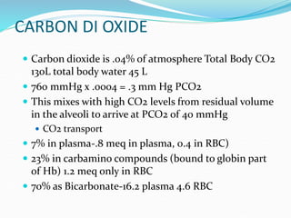 CARBON DI OXIDE
 Carbon dioxide is .04% of atmosphere Total Body CO2
130L total body water 45 L
 760 mmHg x .0004 = .3 mm Hg PCO2
 This mixes with high CO2 levels from residual volume
in the alveoli to arrive at PCO2 of 40 mmHg
 CO2 transport
 7% in plasma-.8 meq in plasma, 0.4 in RBC)
 23% in carbamino compounds (bound to globin part
of Hb) 1.2 meq only in RBC
 70% as Bicarbonate-16.2 plasma 4.6 RBC
 