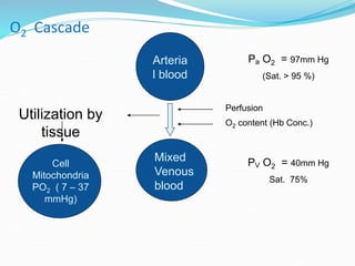 O2 Cascade
Utilization by
tissue
Arteria
l blood
Pa O2 = 97mm Hg
(Sat. > 95 %)
Mixed
Venous
blood
PV O2 = 40mm Hg
Sat. 75%
Cell
Mitochondria
PO2 ( 7 – 37
mmHg)
Perfusion
O2 content (Hb Conc.)
 