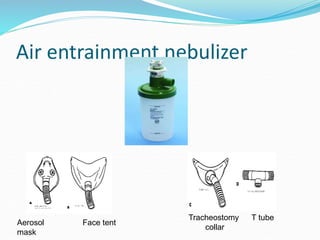 Air entrainment nebulizer
Aerosol
mask
Face tent
Tracheostomy
collar
T tube
 