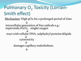 Pulmonary O2 Toxicity (Lorrain-
Smith effect)
Mechanism: High pO2 for a prolonged period of time
↓
intracellular generation of free radicals e.g.:
superoxide,H2O2 , singlet oxygen
↓
react with cellular DNA, sulphydryl proteins &lipids
↓
cytotoxicity
↓
damages capillary endothelium,
↓
 