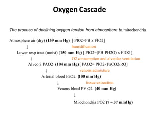 Oxygen Cascade
The process of declining oxygen tension from atmosphere to mitochondria
Atmosphere air (dry) (159 mm Hg) [ PIO2=PB x FIO2]
↓ humidification
Lower resp tract (moist) (150 mm Hg) [ PIO2=(PB-PH2O) x FIO2 ]
↓ O2 consumption and alveolar ventilation
Alveoli PAO2 (104 mm Hg) [ PAO2= PIO2- PaCO2/RQ]
↓ venous admixture
Arterial blood PaO2 (100 mm Hg)
↓ tissue extraction
Venous blood PV O2 (40 mm Hg)
↓
Mitochondria PO2 (7 – 37 mmHg)
 