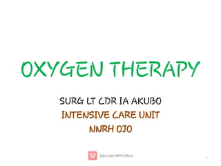OXYGEN THERAPY
SURG LT CDR IA AKUBO
INTENSIVE CARE UNIT
NNRH OJO
1
 