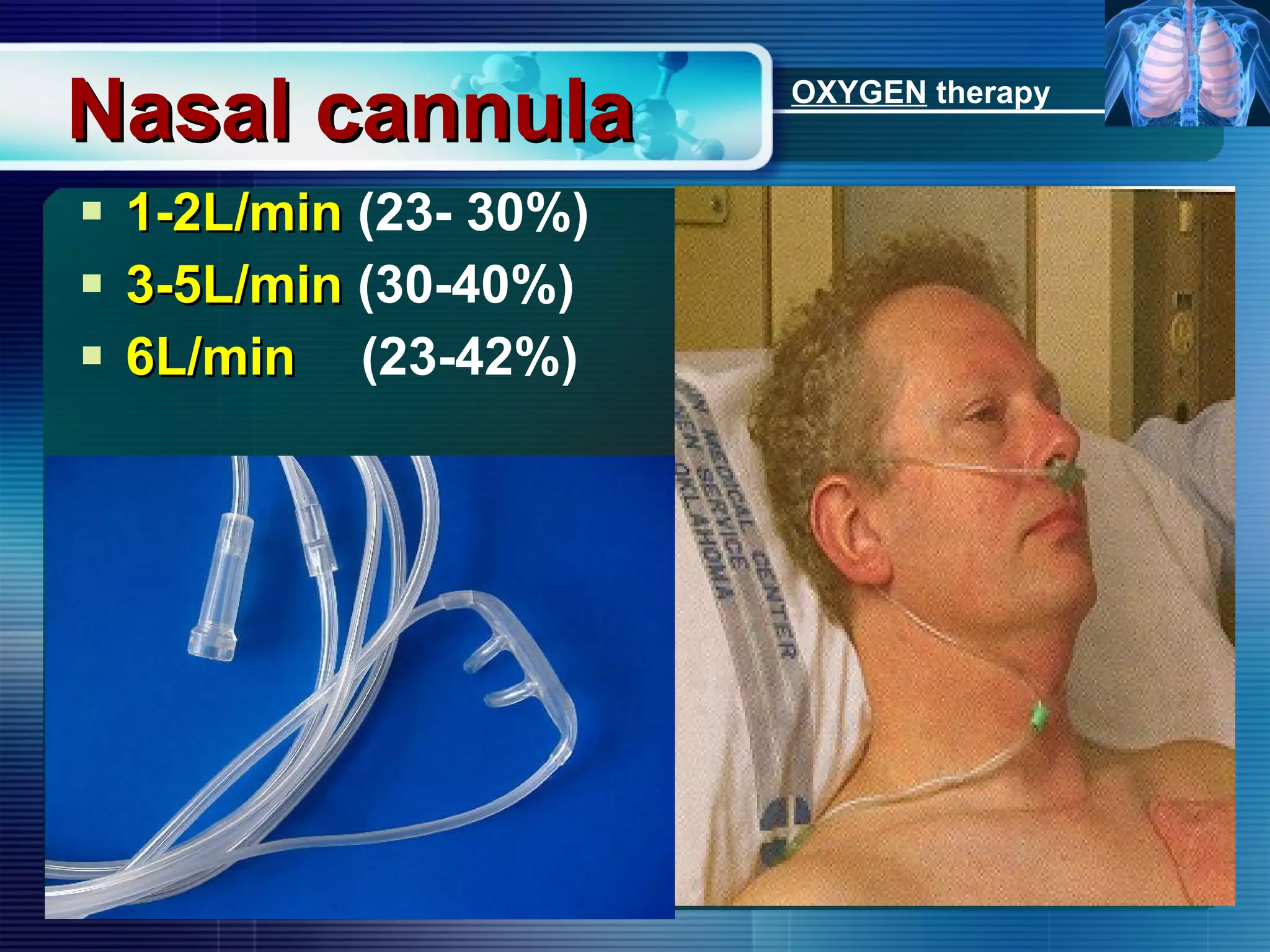 Nasal cannula 1-2L/min  (23- 30%) 3-5L/min  (30-40%) 6L/min     (23-42%) OXYGEN  therapy 