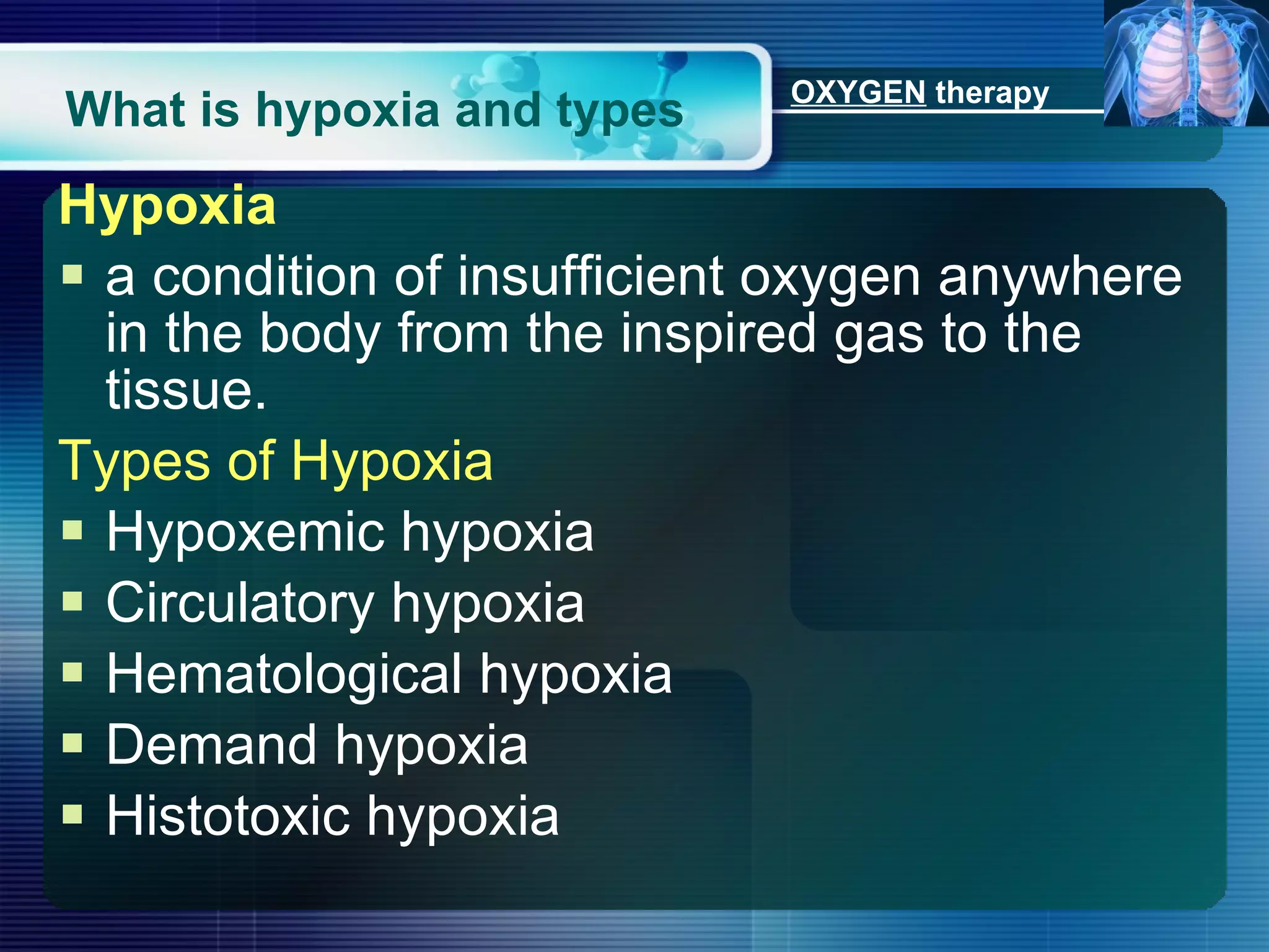 What is hypoxia and types Hypoxia a condition of insufficient oxygen anywhere in the body from the inspired gas to the tissue. Types of Hypoxia Hypoxemic hypoxia Circulatory hypoxia Hematological hypoxia Demand hypoxia Histotoxic hypoxia OXYGEN  therapy 