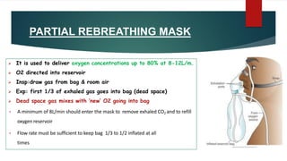 PARTIAL REBREATHING MASK
➢ It is used to deliver oxygen concentrations up to 80% at 8-12L/m.
➢ O2 directed into reservoir
➢ Insp:draw gas from bag & room air
➢ Exp: first 1/3 of exhaled gas goes into bag (dead space)
➢ Dead space gas mixes with ‘new’ O2 going into bag
• A minimum of 8L/min should enter the mask to remove exhaled CO2 and to refill
oxygen reservoir
• Flow rate must be sufficient to keep bag 1/3 to 1/2 inflated at all
times
 