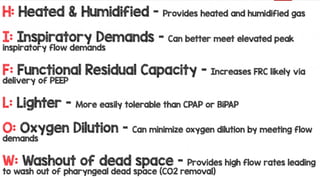  Aerosol generation
By increasing the flows from 10 L/min to 60 L/min, HFNC has shown to increase aerosol spread
from 65 to 172 mm in the sagittal plane. It can also cause air leakage around the mask up to 620
mm.[19] Some recommend avoiding the use of HFNC.[20] Aerosol dispersion can be lessened using
a surgical mask and asking patients to breathe through nose with mouth closed.[17] In a human
patient-simulator model, use of a surgical mask during normal cough reduced aerosol spread from
68 cm to 30 cm, and further reduction of diffusion distance was noted with the use of N95 mask.[8]
Recommendation
HFNC can be used to provide oxygen, preferably in patients with acute respiratory failure with P/F
ratio ≥200 mm Hg. It should be ensured that the nasal reservoir used with HFNC is snugly fit, and
the patients are instructed to wear surgical/N95 masks and breathe nasally. OxyMask should be
used at flows ≤20 L/min.
 