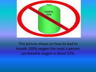 This picture shows on how its bad to
breath 100% oxygen the most a person
   can breathe oxygen is about 32%.
 