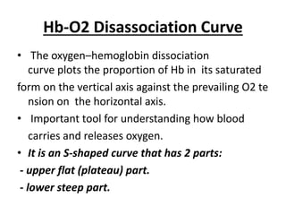 Hb-O2 Disassociation Curve
• The oxygen–hemoglobin dissociation
curve plots the proportion of Hb in its saturated
form on the vertical axis against the prevailing O2 te
nsion on the horizontal axis.
• Important tool for understanding how blood
carries and releases oxygen.
• It is an S-shaped curve that has 2 parts:
- upper flat (plateau) part.
- lower steep part.
 
