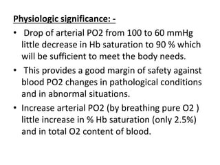 Physiologic significance: -
• Drop of arterial PO2 from 100 to 60 mmHg
little decrease in Hb saturation to 90 % which
will be sufficient to meet the body needs.
• This provides a good margin of safety against
blood PO2 changes in pathological conditions
and in abnormal situations.
• Increase arterial PO2 (by breathing pure O2 )
little increase in % Hb saturation (only 2.5%)
and in total O2 content of blood.
 