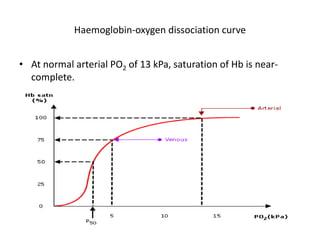 Haemoglobin-oxygen dissociation curve
• At normal arterial PO2 of 13 kPa, saturation of Hb is near-
complete.
 