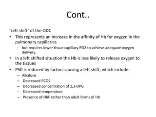 Cont..
‘Left shift’ of the ODC
• This represents an increase in the affinity of Hb for oxygen in the
pulmonary capillaries
– but requires lower tissue capillary PO2 to achieve adequate oxygen
delivery.
• In a left shifted situation the Hb is less likely to release oxygen to
the tissues
• P50 is reduced by factors causing a left shift, which include:
– Alkalosis
– Decreased PCO2
– Decreased concentration of 2,3-DPG
– Decreased temperature
– Presence of HbF rather than adult forms of Hb
 