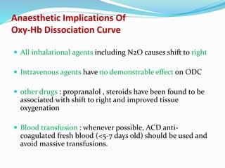 Anaesthetic Implications Of
Oxy-Hb Dissociation Curve
 All inhalational agents including N2O causes shift to right
 Intravenous agents have no demonstrable effect on ODC
 other drugs : propranalol , steroids have been found to be
associated with shift to right and improved tissue
oxygenation
 Blood transfusion : whenever possible, ACD anti-
coagulated fresh blood (<5-7 days old) should be used and
avoid massive transfusions.
 