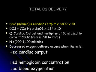 TOTAL O2 DELIVERYTOTAL O2 DELIVERY
 DO2 (ml/min) = Cardiac Output x CaO2 x 10DO2 (ml/min) = Cardiac Output x CaO2 x 10
 DO2 = COx Hb x SaO2 x 1.34 x 10DO2 = COx Hb x SaO2 x 1.34 x 10
 Q=Cardiac Output and multiplier of 10 is used toQ=Cardiac Output and multiplier of 10 is used to
convert CaO2 from ml/dl to ml/L)convert CaO2 from ml/dl to ml/L)
 N =(900-1,100 ml/min)N =(900-1,100 ml/min)
 Decreased oxygen delivery occurs when there is:Decreased oxygen delivery occurs when there is:
↓↓ed cardiac outputed cardiac output
ed hemoglobin concentration↓ed hemoglobin concentration↓
↓↓ed blood oxygenationed blood oxygenation
 