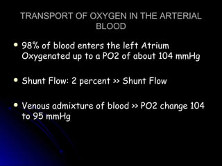 TRANSPORT OF OXYGEN IN THE ARTERIALTRANSPORT OF OXYGEN IN THE ARTERIAL
BLOODBLOOD
 98% of blood enters the left Atrium98% of blood enters the left Atrium
Oxygenated up to a PO2 of about 104 mmHgOxygenated up to a PO2 of about 104 mmHg
 Shunt Flow: 2 percent >> Shunt FlowShunt Flow: 2 percent >> Shunt Flow
 Venous admixture of blood >> PO2 change 104Venous admixture of blood >> PO2 change 104
to 95 mmHgto 95 mmHg
 