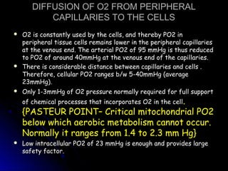 DIFFUSION OF O2 FROM PERIPHERALDIFFUSION OF O2 FROM PERIPHERAL
CAPILLARIES TO THE CELLSCAPILLARIES TO THE CELLS
 O2 is constantly used by the cells, and thereby PO2 inO2 is constantly used by the cells, and thereby PO2 in
peripheral tissue cells remains lower in the peripheral capillariesperipheral tissue cells remains lower in the peripheral capillaries
at the venous end. The arterial PO2 of 95 mmHg is thus reducedat the venous end. The arterial PO2 of 95 mmHg is thus reduced
to PO2 of around 40mmHg at the venous end of the capillaries.to PO2 of around 40mmHg at the venous end of the capillaries.
 There is considerable distance between capillaries and cells .There is considerable distance between capillaries and cells .
Therefore, cellular PO2 ranges b/w 5-40mmHg (averageTherefore, cellular PO2 ranges b/w 5-40mmHg (average
23mmHg).23mmHg).
 Only 1-3mmHg of O2 pressure normally required for full supportOnly 1-3mmHg of O2 pressure normally required for full support
of chemical processes that incorporates O2 in the cellof chemical processes that incorporates O2 in the cell..
{PASTEUR POINT– Critical mitochondrial PO2{PASTEUR POINT– Critical mitochondrial PO2
below which aerobic metabolism cannot occur.below which aerobic metabolism cannot occur.
Normally it ranges from 1.4 to 2.3 mm Hg}Normally it ranges from 1.4 to 2.3 mm Hg}
 Low intracellular PO2 of 23 mmHg is enough and provides largeLow intracellular PO2 of 23 mmHg is enough and provides large
safety factor.safety factor.
 