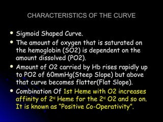 CHARACTERISTICS OF THE CURVECHARACTERISTICS OF THE CURVE
 Sigmoid Shaped Curve.Sigmoid Shaped Curve.
 The amount of oxygen that is saturated onThe amount of oxygen that is saturated on
the hemoglobin (SO2) is dependent on thethe hemoglobin (SO2) is dependent on the
amount dissolved (PO2).amount dissolved (PO2).
 Amount of O2 carried by Hb rises rapidly upAmount of O2 carried by Hb rises rapidly up
to PO2 of 60mmHg(Steep Slope) but aboveto PO2 of 60mmHg(Steep Slope) but above
that curve becomes flatter(Flat Slope).that curve becomes flatter(Flat Slope).
 Combination OfCombination Of 1st Heme with O2 increases
affinity of 2nd
Heme for the 2nd
O2 and so on.
It is known as “Positive Co-Operativity”.
 
