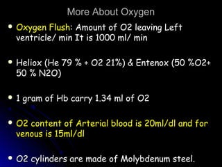 More About OxygenMore About Oxygen
 Oxygen FlushOxygen Flush: Amount of O2 leaving Left: Amount of O2 leaving Left
ventricle/ min It is 1000 ml/ minventricle/ min It is 1000 ml/ min
 Heliox (He 79 % + O2 21%) & Entenox (50 %O2+Heliox (He 79 % + O2 21%) & Entenox (50 %O2+
50 % N2O)50 % N2O)
 1 gram of Hb carry 1.34 ml of O21 gram of Hb carry 1.34 ml of O2
 O2 content of Arterial blood is 20ml/dl and forO2 content of Arterial blood is 20ml/dl and for
venous is 15ml/dlvenous is 15ml/dl
 O2 cylinders are made of Molybdenum steel.O2 cylinders are made of Molybdenum steel.
 