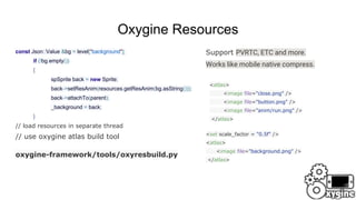 Oxygine Resources
const Json::Value &bg = level["background"];
if (!bg.empty())
{
spSprite back = new Sprite;
back->setResAnim(resources.getResAnim(bg.asString()));
back->attachTo(parent);
_background = back;
}
// load resources in separate thread
// use oxygine atlas build tool
Support PVRTC, ETC and more.
Works like mobile native compress.
<atlas>
<image file="close.png" />
<image file="button.png" />
<image file="anim/run.png" />
</atlas>
<set scale_factor = "0.5f" />
<atlas>
<image file="background.png" />
</atlas>
oxygine-framework/tools/oxyresbuild.py
 