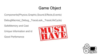 Game Object
Components(Physics,Graphic,Sound,Effects,Events)
DebugMacros(_Debug,_TraceLeak,_TraceLifeCycle)
SafeMemory and Cast
Unique Information and id
Good Perfomance
 