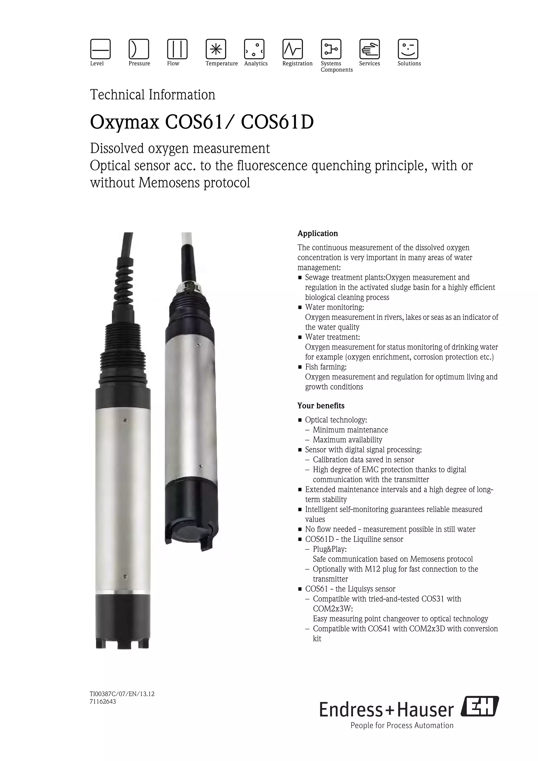 Oxymax cos61 d endress+hauser datasheetdissolved oxygen measurement PDF