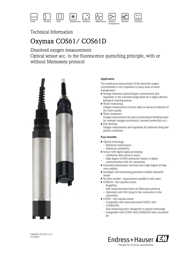 Oxymax cos61 d endress+hauser datasheetdissolved oxygen measurement PDF