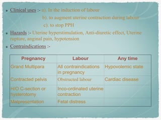 Mechanism of action :- a). directly on myometrium
b). tetanic uterine contractions (US/LS)
Onset :- IV - 1 & half min.
IM ...