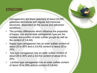 STRUCTURE
• Carrageenans are linear polymers of about 25,000
galactose derivatives with regular but imprecise
structures, dependent on the source and extraction
conditions.
• The primary differences which influence the properties
of kappa, iota and lambda carrageenan type are the
number and position of ester sulfate groups as well as
the content of 3.6-AG.
• Kappa type carrageenan has an ester sulfate content of
about 25 to 30% and a 3,6-AG content of about 28 to
35%.
• Iota type carrageenan has an ester sulfate content of
about 28 to 30% and a 3,6-AG content of about 25 to
30%.
• Lambda type carrageenan has an ester sulfate content
of about 32 to 39% and no content of 3,6-AG.
 