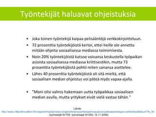Työntekijät haluavat ohjeistuksia Joka toinen työntekijä kaipaa pelisääntöjä verkkokirjoitteluun.  72 prosenttia työntekijöistä kertoi, ettei heille ole annettu mitään ohjeita sosiaalisessa mediassa toimimisesta.  Noin 20% työntekijöistä katsoo voivansa keskustella työpaikan asioista sosiaalisessa mediassa kriittisestikin, mutta 73 prosenttia työntekijöistä pohtii miten sanansa asettelee.  Lähes 40 prosenttia työntekijöistä oli sitä mieltä, että sosiaalisen median ohjeistus voi päteä myös vapaa-ajalla. ” Moni olisi valmis hakemaan uutta työpaikkaa sosiaalisen median avulla, mutta yritykset eivät vielä vastaa tähän." Lähde:  http://www.hillandknowlton.fi/nc/ajankohtaista/news-single/article/tyoentekijaet-kaipaavat-pelisaeaentoejae-verkkokirjoitteluun/?tx_ttnews[backPid]=82   (työntekijät N=700, työnantajat N=500, 12.11.2009) 