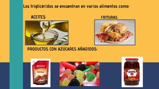 PRODUCTOS CON AZÚCARES AÑADIDOS:
ACEITES FRITURAS
Los triglicéridos se encuentran en varios alimentos como:
 