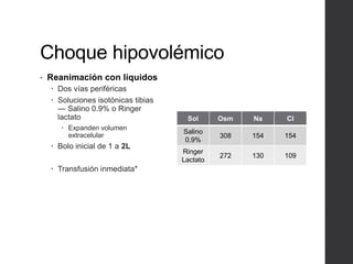 Choque hipovolémico
• Reanimación con líquidos
 Dos vías periféricas
 Soluciones isotónicas tibias
— Salino 0.9% o Ringer
lactato
 Expanden volumen
extracelular
 Bolo inicial de 1 a 2L
 Transfusión inmediata*
Sol Osm Na Cl
Salino
0.9%
308 154 154
Ringer
Lactato
272 130 109
 
