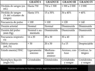 Pérdidas estimadas de líquidos y sangre, según la presentación inicial del paciente
 