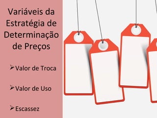 Variáveis da
Estratégia de
Determinação
de Preços
Valor de Troca
Valor de Uso
Escassez
 