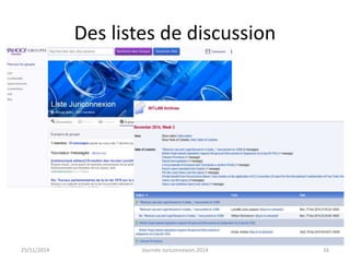 Des listes de discussion 
25/11/2014 Journée Juriconnexion 2014 16 
 