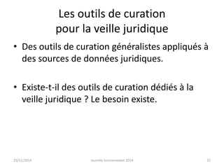 Les outils de curation 
pour la veille juridique 
• Des outils de curation généralistes appliqués à 
des sources de données juridiques. 
• Existe-t-il des outils de curation dédiés à la 
veille juridique ? Le besoin existe. 
25/11/2014 Journée Juriconnexion 2014 22 
 