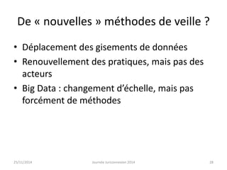 De « nouvelles » méthodes de veille ? 
• Déplacement des gisements de données 
• Renouvellement des pratiques, mais pas des 
acteurs 
• Big Data : changement d’échelle, mais pas 
forcément de méthodes 
25/11/2014 Journée Juriconnexion 2014 28 
 