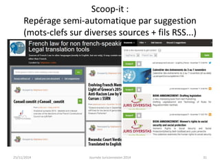 Scoop-it : 
Repérage semi-automatique par suggestion 
(mots-clefs sur diverses sources + fils RSS...) 
25/11/2014 Journée Juriconnexion 2014 31 
 