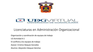 Licenciaturas en Administración Organizacional
Organización y coordinación de equipos de trabajo
U2-Actividad A 1
El conflicto y los equipos de trabajo
Asesor: Cristina Vázquez González
Alumno: Alejandro Vázquez Sánchez
 
