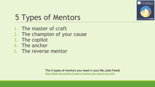 5 Types of Mentors
1. The master of craft
2. The champion of your cause
3. The copilot
4. The anchor
5. The reverse mentor
The 5 types of mentors you need in your life,Julia Fawal
https://ideas.ted.com/the-5-types-of-mentors-you-need-in-your-life/
 