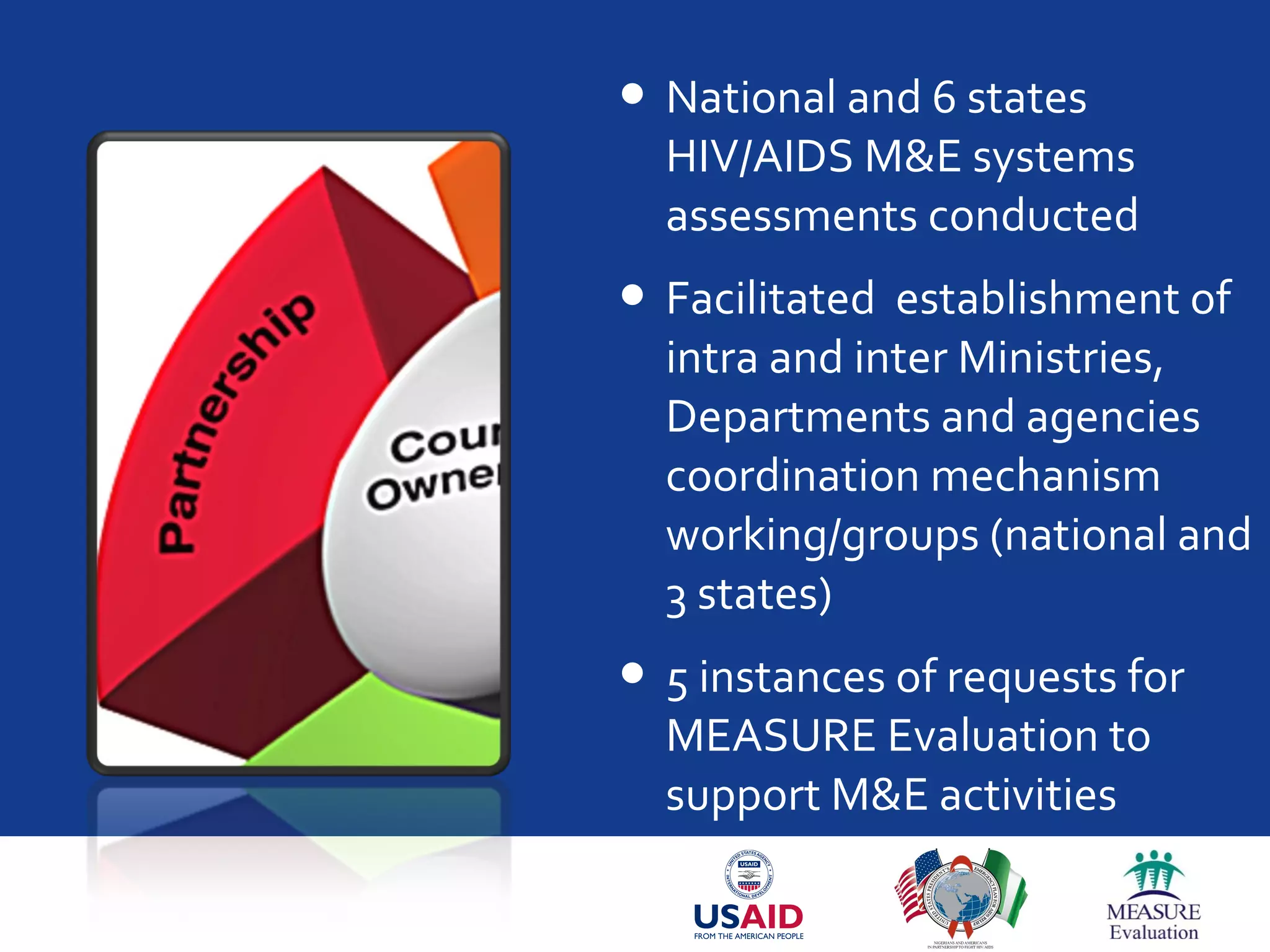  National and 6 states
HIV/AIDS M&E systems
assessments conducted
 Facilitated establishment of
intra and inter Ministries,
Departments and agencies
coordination mechanism
working/groups (national and
3 states)
 5 instances of requests for
MEASURE Evaluation to
support M&E activities
 