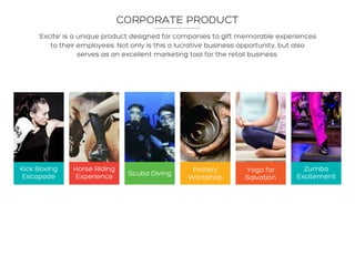 ‘Excite’ is a unique product designed for companies to gift memorable experiences
to their employees. Not only is this a lucrative business opportunity, but also
serves as an excellent marketing tool for the retail business.
CORPORATE PRODUCT
Kick Boxing
Escapade
Horse Riding
Experience Scuba Diving
Pottery
Workshop
Yoga for
Salvation
Zumba
Excitement
 