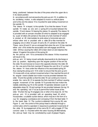 being positioned between the dies of the press when the upper die is
in its raised position.
In accordance with normal practice the pick-up arm 10, in addition to
its oscillating motion, is also adapted to move in a vertical plane
and to this end the sleeve 14 is mounted for axial sliding movement on
the spindle 15.
The sleeve 14 is keyed, to the spindle 15 so that the sleeve 14 and
spindle 15 rotate as one and a spring 24 is mounted between the
spindle 15 and sleeve 14 biasing the sleeve 14 upwardly The sleeve 14
is provided with an annular shoulder 25 which is adapted to be engaged
by a pair of rollers 26 carried on the ends of a fork member 27 which
is pivoted at 28 intermediate its ends about a horizontal axis and
whose other end is provided with a roller 29 or like member for
engaging one or other of a pair of cams 30, 31 carried on the slide 18
These cams 30 and 31 are so arranged that when the arm 10 has reached
either end of its stroke the associated cam will engage and lift the
roller 29 thus causing the rollers 26 to bear down on and depress the
sleeve 14 against the action of the spring 24.
As the pick-up arm 10 is connected to this sleeve 14 this movement
will result in the.
pick-up arm 10 being moved vertically downwards to its discharge or
pick up position, depending upon the angular position of the arm As
the slide 18 commences to move in the opposite direction the roller 29
on the one end of the fork member 27 leaves the cam 30 or 31 so that
the sleeve 14 rises under the influence of its associated spring 24
thus raising the pickup arm 10 In order to ensure that the pick-up arm
10 moves with a truly vertical movement when it has reached the end of
its angular travel suitable lost motion must be provided between the
slide 18 and the spindle so that the slide 18 can continue to move to
enable the cams 30, 31 to operate the fork member 27 without causing
angular movement of the spindle 15 To provide this lost motion the
radially extending lug 16 on the spindle 15 operates between a pair of
adjustable stops 32, 33 and springs 34 are provided between the lug 16
and the operating rod 17 so as to permit this further travel of the
slide 18 when the lug 16 engages one or other of its stops 32, 33 The
pick-up arm 10 is provided with an operating head 35 which
incorporates a suitable suction device, which may be in the form of a
cup for engaging a workpiece and conveying it from the feed table 11
to the lower diea 12 The suction is obtained from a pump 36, see
Figure 5, and the control of this pickup head is effected through a
control valve which is operated in response to positional movements of
the slide 18 by engagement of the cams 50, 51 with a toggle 37 This
conctrol valve is mounted within the valve housing 38 Alternatively
the pick-up head may be constituted by a pair of gripper fingers,
 