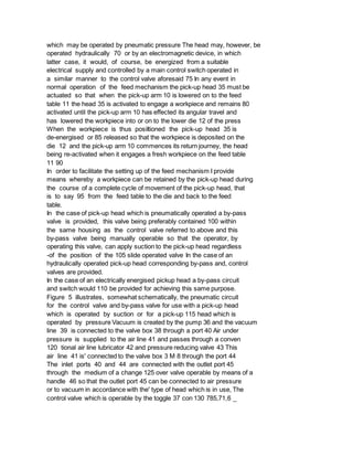 which may be operated by pneumatic pressure The head may, however, be
operated hydraulically 70 or by an electromagnetic device, in which
latter case, it would, of course, be energized from a suitable
electrical supply and controlled by a main control switch operated in
a similar manner to the control valve aforesaid 75 In any event in
normal operation of the feed mechanism the pick-up head 35 must be
actuated so that when the pick-up arm 10 is lowered on to the feed
table 11 the head 35 is activated to engage a workpiece and remains 80
activated until the pick-up arm 10 has effected its angular travel and
has lowered the workpiece into or on to the lower die 12 of the press
When the workpiece is thus posiItioned the pick-up head 35 is
de-energised or 85 released so that the workpiece is deposited on the
die 12 and the pick-up arm 10 commences its return journey, the head
being re-activated when it engages a fresh workpiece on the feed table
11 90
In order to facilitate the setting up of the feed mechanism I provide
means whereby a workpiece can be retained by the pick-up head during
the course of a complete cycle of movement of the pick-up head, that
is to say 95 from the feed table to the die and back to the feed
table.
In the case of pick-up head which is pneumatically operated a by-pass
valve is provided, this valve being preferably contained 100 within
the same housing as the control valve referred to above and this
by-pass valve being manually operable so that the operator, by
operating this valve, can apply suction to the pick-up head regardless
-of the position of the 105 slide operated valve In the case of an
hydraulically operated pick-up head corresponding by-pass and, control
valves are provided.
In the case of an electrically energised pickup head a by-pass circuit
and switch would 110 be provided for achieving this same purpose.
Figure 5 illustrates, somewhat schematically, the pneumatic circuit
for the control valve and by-pass valve for use with a pick-up head
which is operated by suction or for a pick-up 115 head which is
operated by pressure Vacuum is created by the pump 36 and the vacuum
line 39 is connected to the valve box 38 through a port 40 Air under
pressure is supplied to the air line 41 and passes through a conven
120 tional air line lubricator 42 and pressure reducing valve 43 This
air line 41 is' connected to the valve box 3 M 8 through the port 44
The inlet ports 40 and 44 are connected with the outlet port 45
through the medium of a change 125 over valve operable by means of a
handle 46 so that the outlet port 45 can be connected to air pressure
or to vacuum in accordance with the' type of head which is in use, The
control valve which is operable by the toggle 37 con 130 785,71,6 _
 