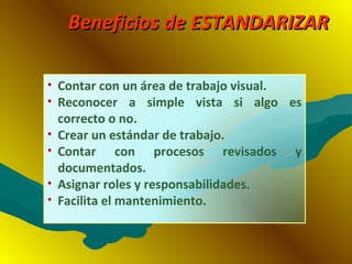 Beneficios de ESTANDARIZARBeneficios de ESTANDARIZAR
• Contar con un área de trabajo visual.
• Reconocer a simple vista si algo es
correcto o no.
• Crear un estándar de trabajo.
• Contar con procesos revisados y
documentados.
• Asignar roles y responsabilidades.
• Facilita el mantenimiento.
 