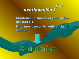  Mantener la nueva organizaciónMantener la nueva organización
del trabajo.del trabajo.
 Hay que vencer la resistencia alHay que vencer la resistencia al
cambiocambio..
( …( …
continuación )continuación )
 
