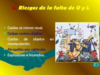 3. Riesgos de la falta de O y L
• Caídas al mismo nivel.
• Golpes contra objetos.
• Caídas de objetos en
manipulación.
• Atropellos por vehículos.
• Explosiones e Incendios.
 